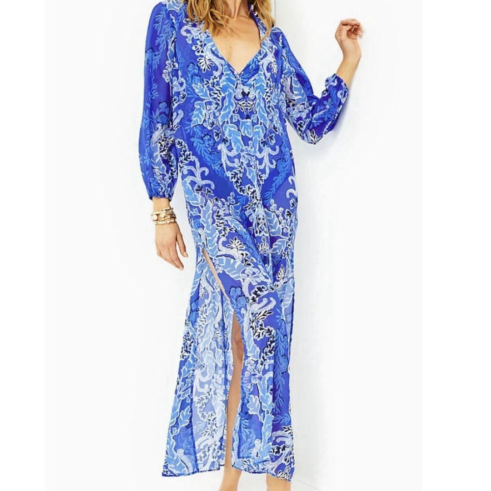 Lilly Pulitzer Keir Maxi Cover-Up Caftan L /XL Alba Blue Baja Cove Resort Coasta